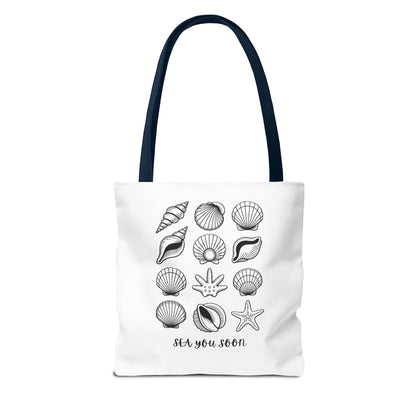 Sea Shells Tote Bag with a beachy design, showcasing durable polyester fabric and reinforced handles, ideal for seaside trips. Available in various sizes, perfect for carrying essentials on sunny outings.
