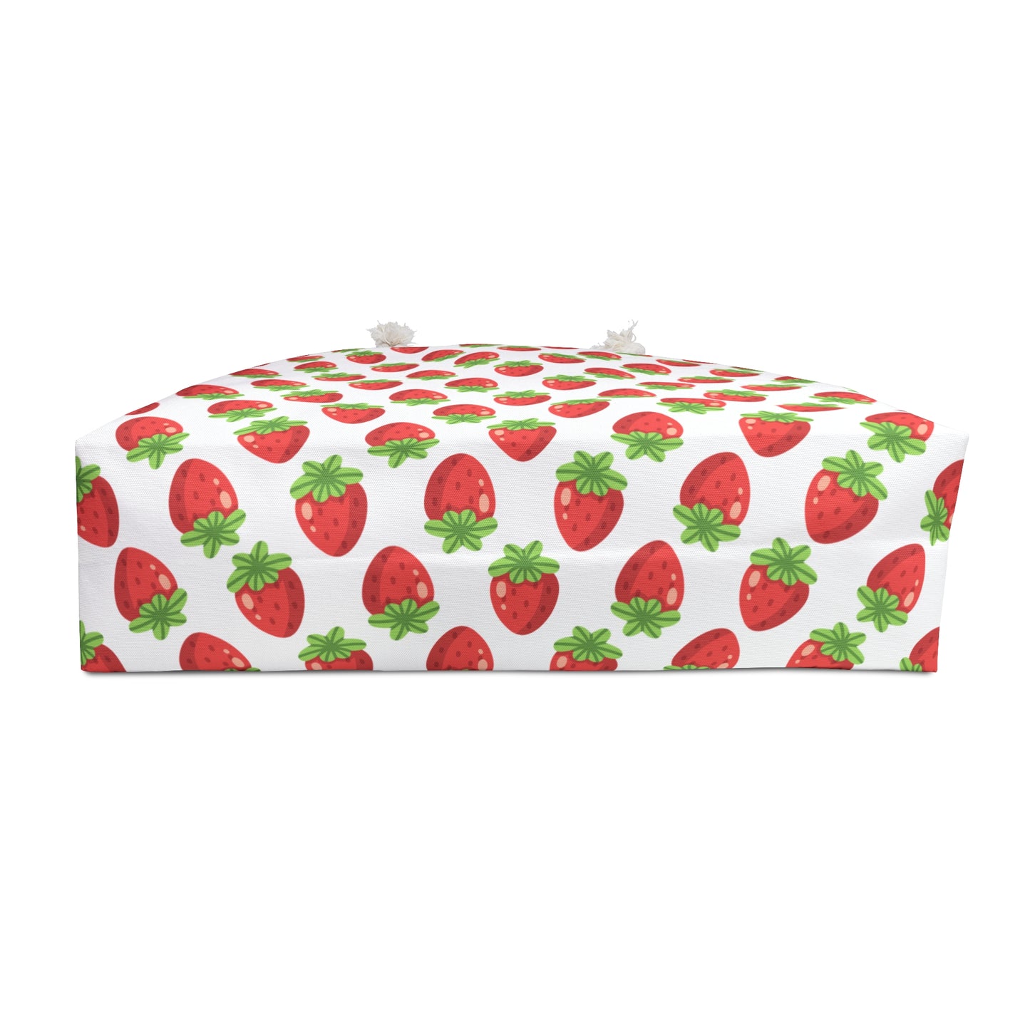 Strawberries Weekender Bag with playful strawberry design, durable rope handles, and spacious interior, embodies FireBrook Essentials' joyful and stylish vibe, perfect for vibrant weekend getaways.