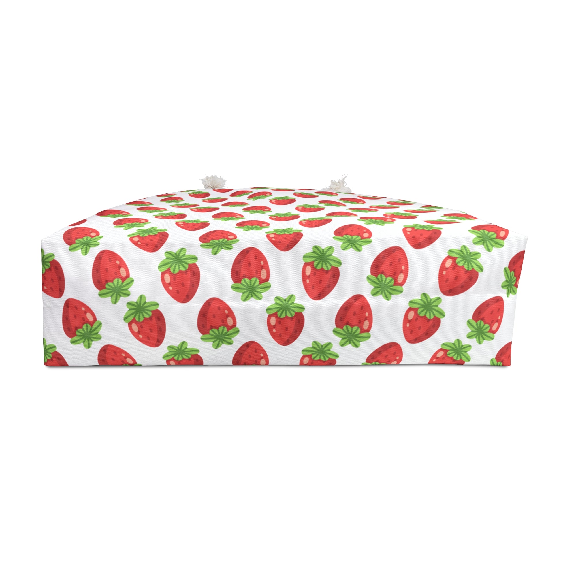 Strawberries Weekender Bag with playful strawberry design, durable rope handles, and spacious interior, embodies FireBrook Essentials' joyful and stylish vibe, perfect for vibrant weekend getaways.