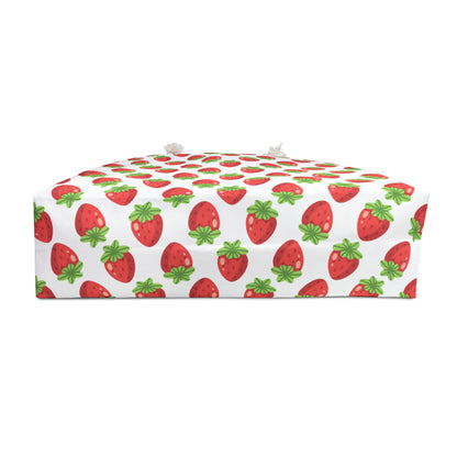 Strawberries Weekender Bag with playful strawberry design, durable rope handles, and spacious interior, embodies FireBrook Essentials' joyful and stylish vibe, perfect for vibrant weekend getaways.