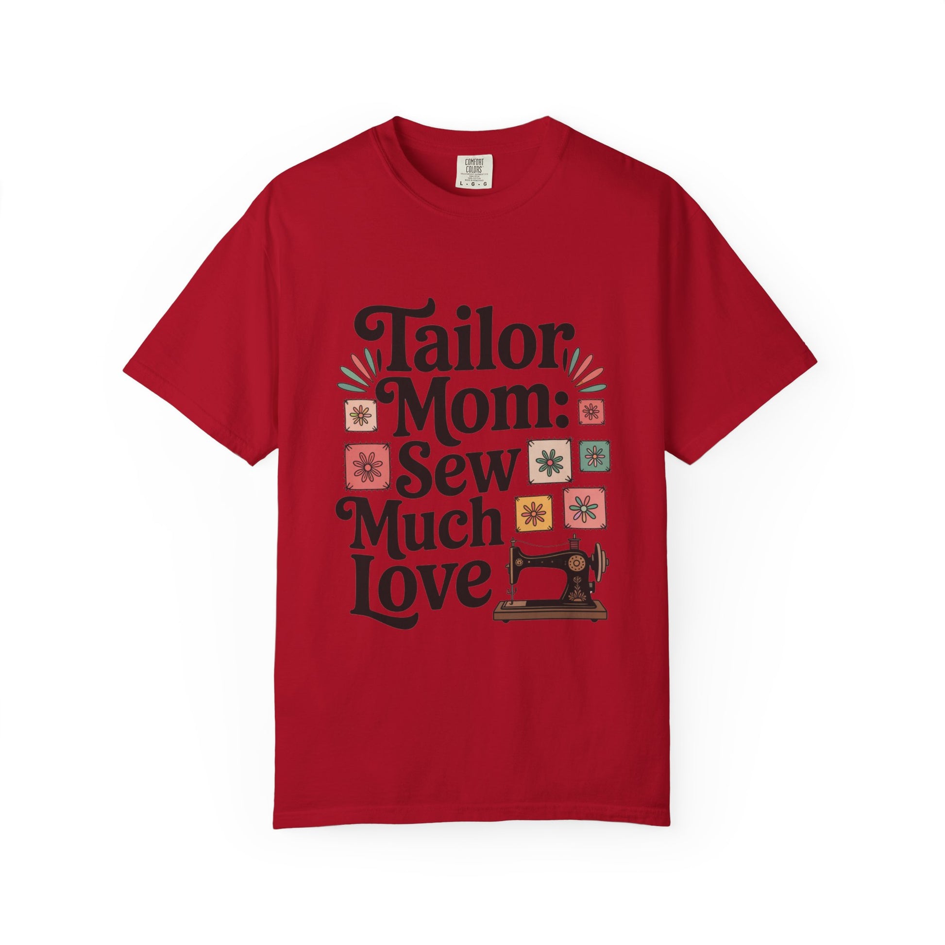 Tailor Mom Mode: Sew Much Love Mother's Day Comfort Colors Unisex T-Shirt featuring a relaxed fit with a classic crew neckline, enhanced by durable double-needle stitching, embodying comfort and style from FireBrook Essentials.
