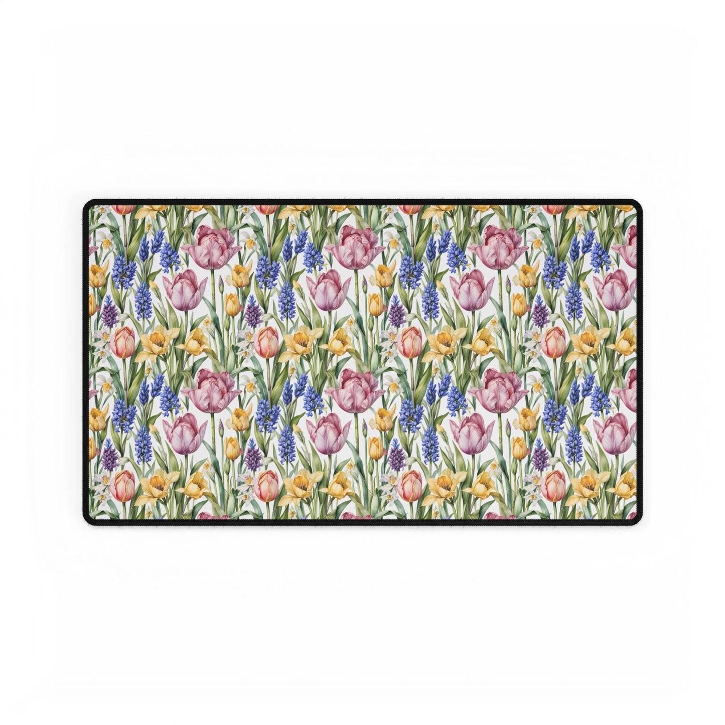 Desk Mat - Spring Garden Tulips Daffodils Hyacinths: A rectangular mat showcasing a serene floral pattern of tulips, daffodils, and hyacinths, perfect for enhancing a peaceful workspace.