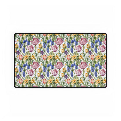 Desk Mat - Spring Garden Tulips Daffodils Hyacinths: A rectangular mat showcasing a serene floral pattern of tulips, daffodils, and hyacinths, perfect for enhancing a peaceful workspace.