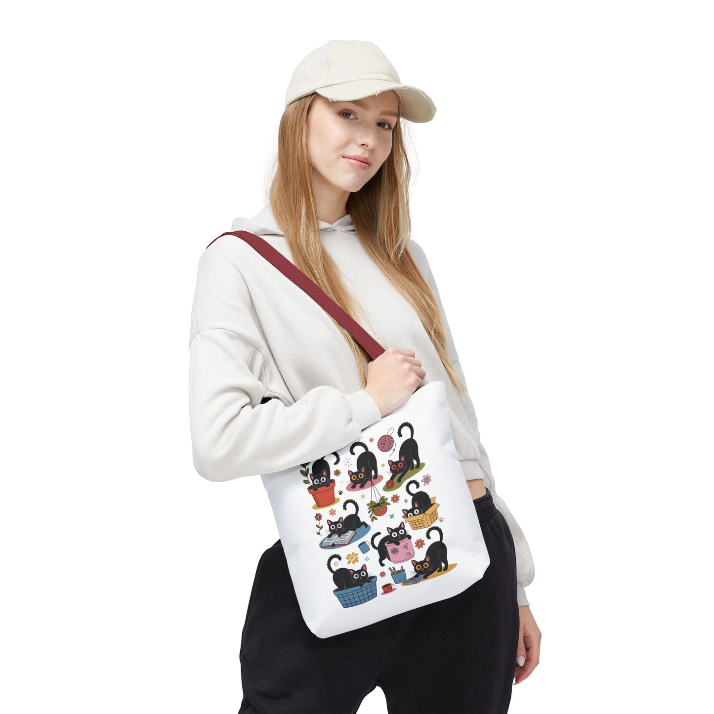 Cat Tote Bag - Curious Cat Design featuring a whimsical cat illustration, ideal for cat lovers. Sturdy polyester with reinforced handles, perfect for errands or beach trips, reflecting FireBrook Essentials' joyful, stylish ethos.