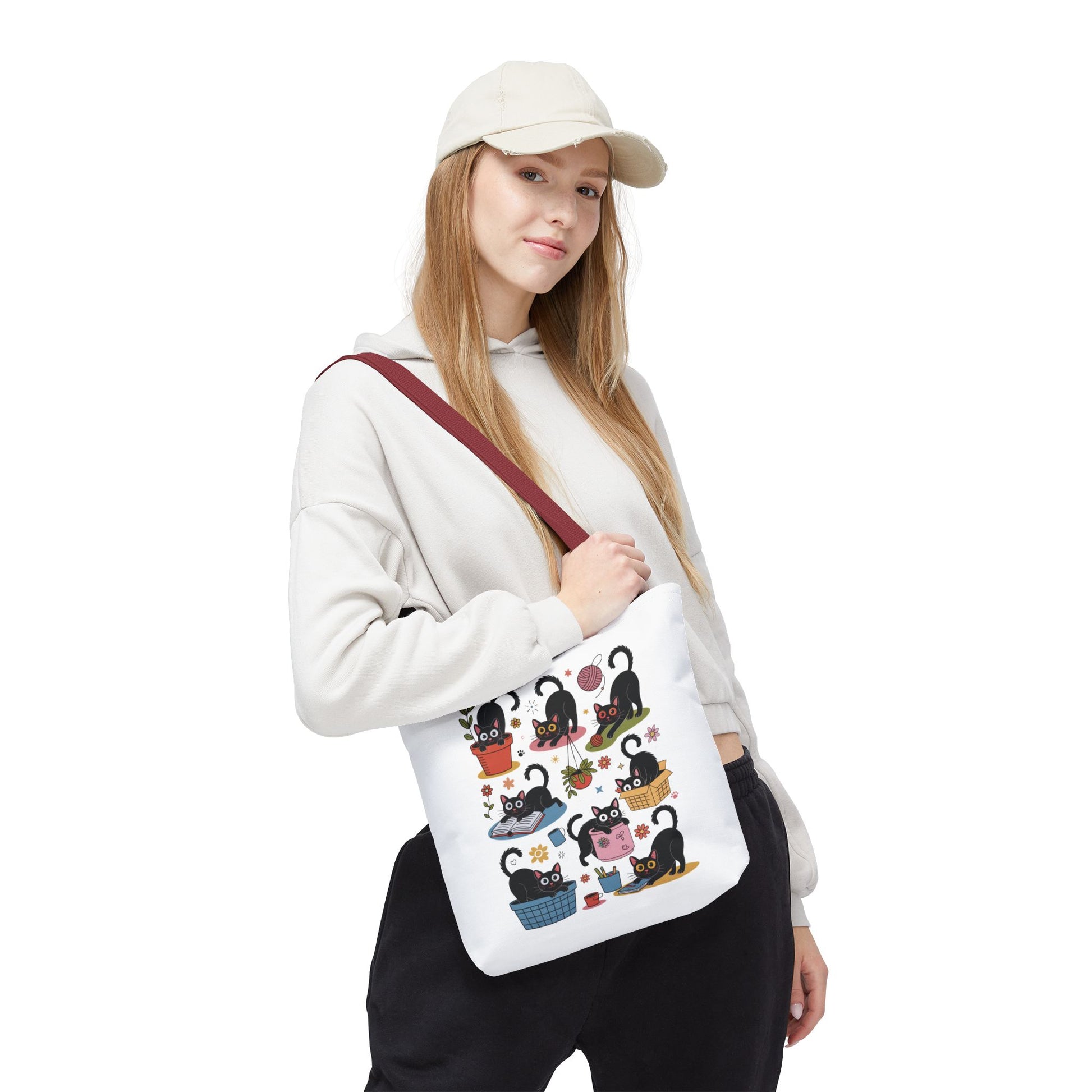 Cat Tote Bag - Curious Cat Design featuring a whimsical cat illustration, ideal for cat lovers. Sturdy polyester with reinforced handles, perfect for errands or beach trips, reflecting FireBrook Essentials' joyful, stylish ethos.