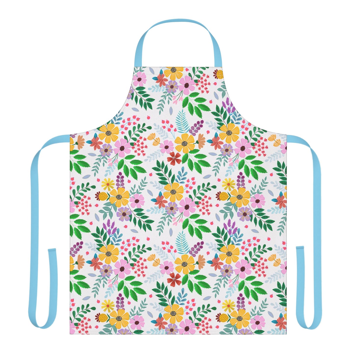 Floral Apron featuring vibrant stylized flowers with a light blue neck loop and side ties, made from stain-free polyester canvas for comfort, perfect for adding a cheerful touch to any kitchen task.