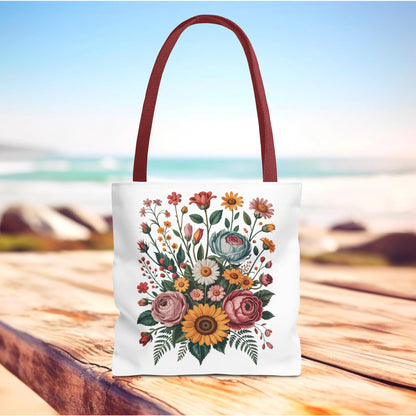 Botanical Vintage Flower Tote Bag showcases a collage of vintage floral illustrations in muted pastels with mustard and terracotta accents, ideal for carrying essentials, reflecting FireBrook Designs' uplifting style.