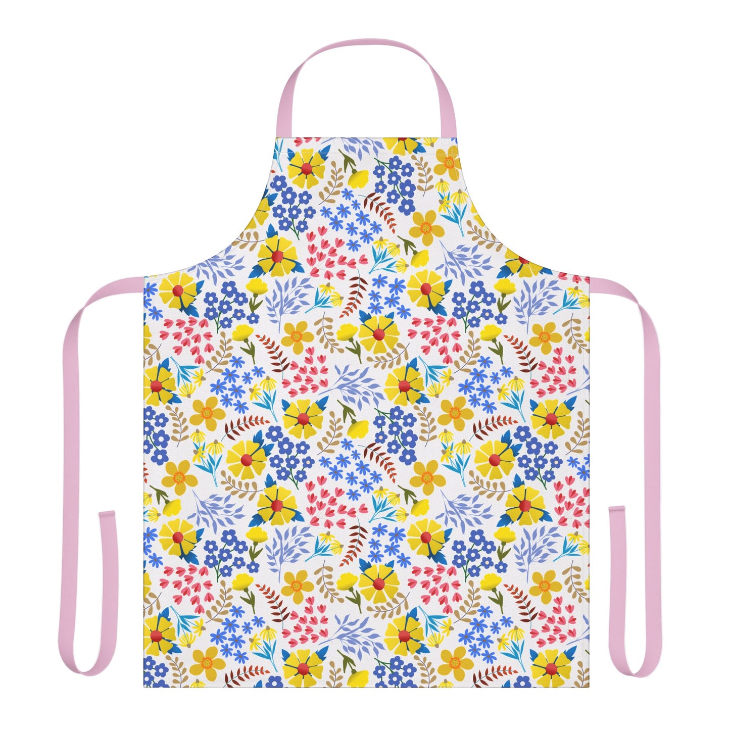 Apron Floral Design with vibrant floral pattern on polyester canvas, featuring pale pink straps. Perfect for cooking or crafting, it embodies FireBrook Essentials' blend of comfort and joyful style.