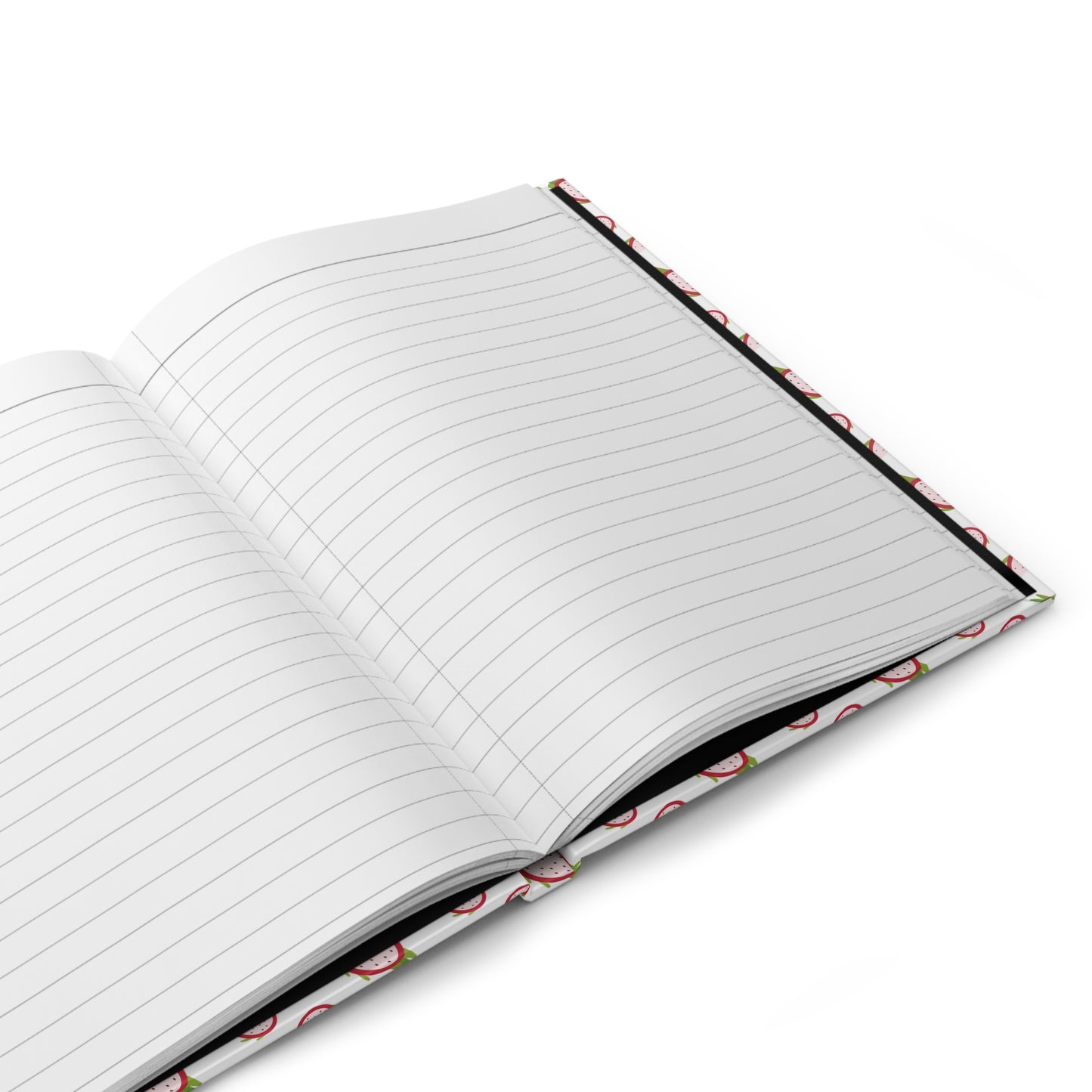 HARDCOVER JOURNAL, MATTE, RULED, 5X7, SEWN BIND, CLEAN-TEAR PAGES – DRAGONFRUIT features a strawberry motif cover, open to blank lined pages, embodying FireBrook Essentials' joy-inspiring, practical design ethos.
