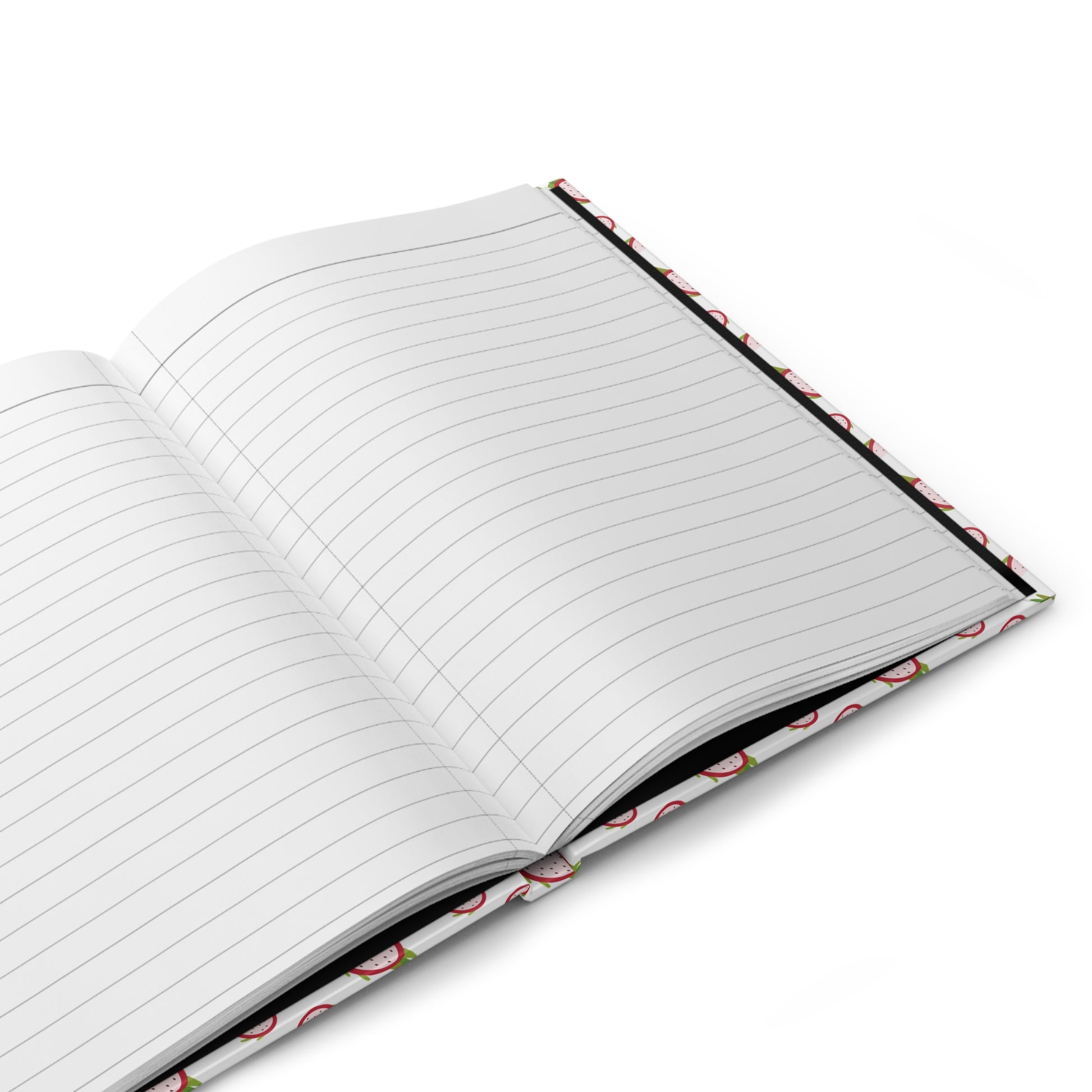 HARDCOVER JOURNAL, MATTE, RULED, 5X7, SEWN BIND, CLEAN-TEAR PAGES – DRAGONFRUIT features a strawberry motif cover, open to blank lined pages, embodying FireBrook Essentials' joy-inspiring, practical design ethos.
