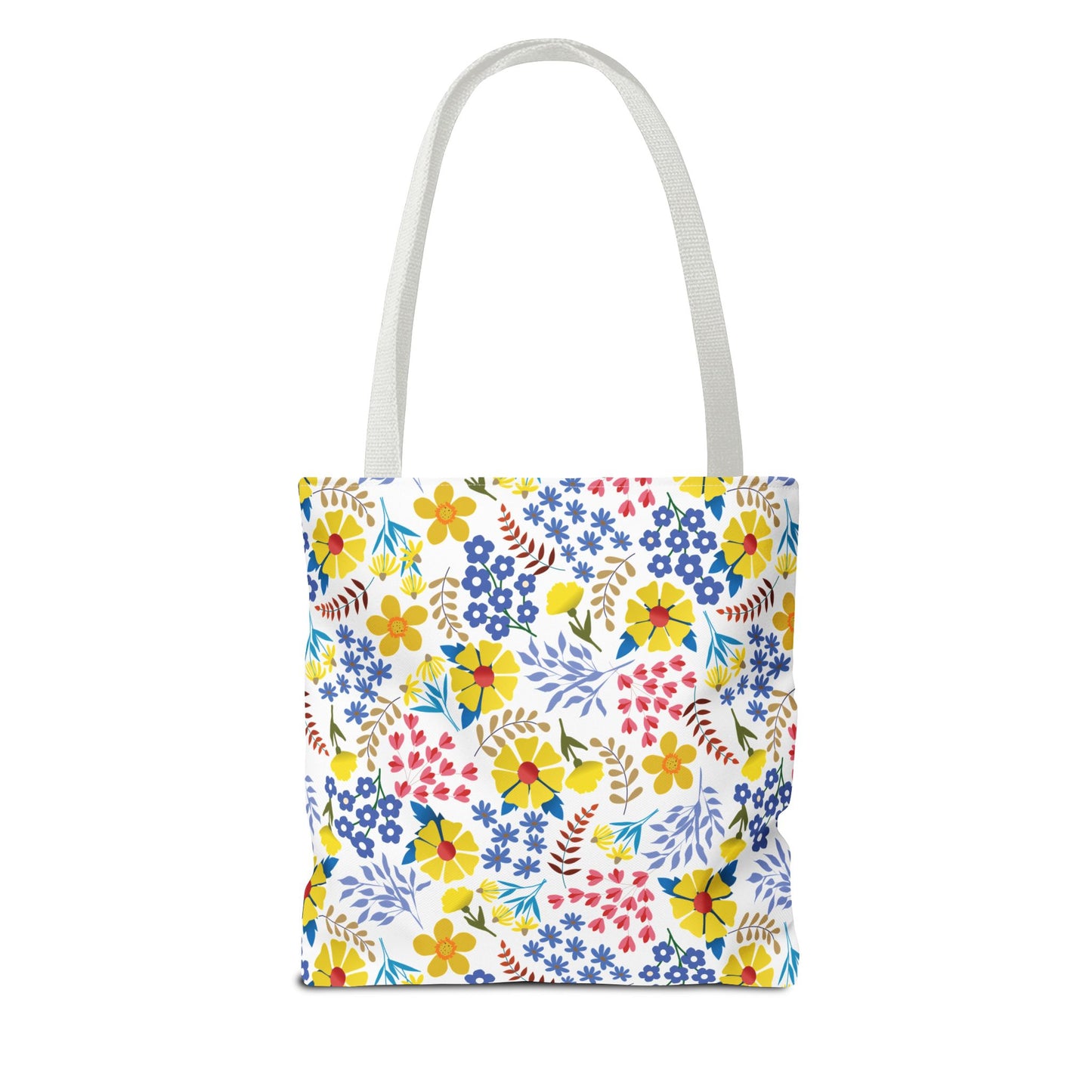 Floral Tote Bag featuring vibrant blossoms and leafy sprigs on a white background, designed by FireBrook Essentials for joyful summer outings. Durable polyester with reinforced white straps, available in multiple sizes.