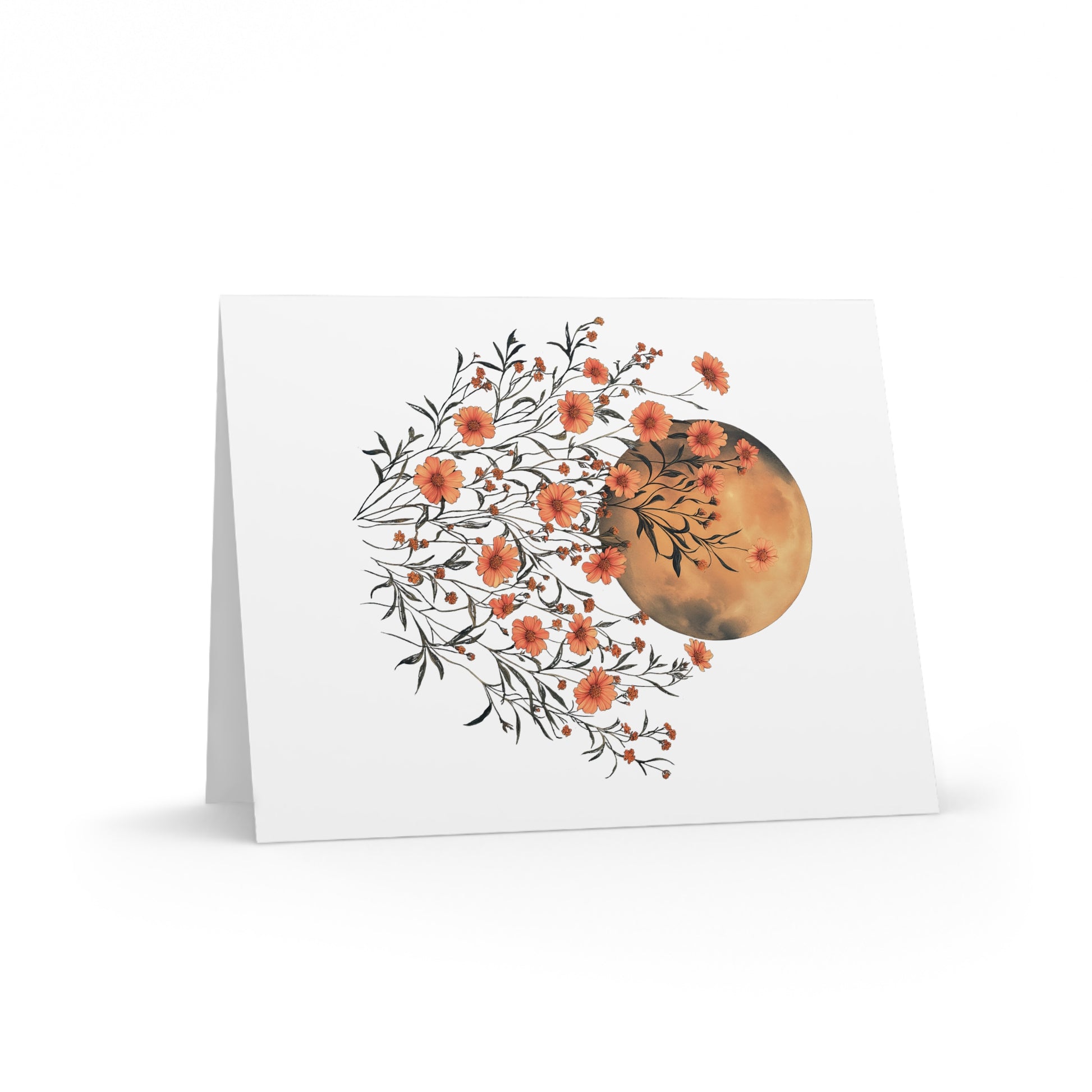 Moon Greeting Cards — Pack of 8/16/24 features a blank, folded card with a stylized full moon and floral design on the front, offering a delicate, artistic touch for sending warm messages.