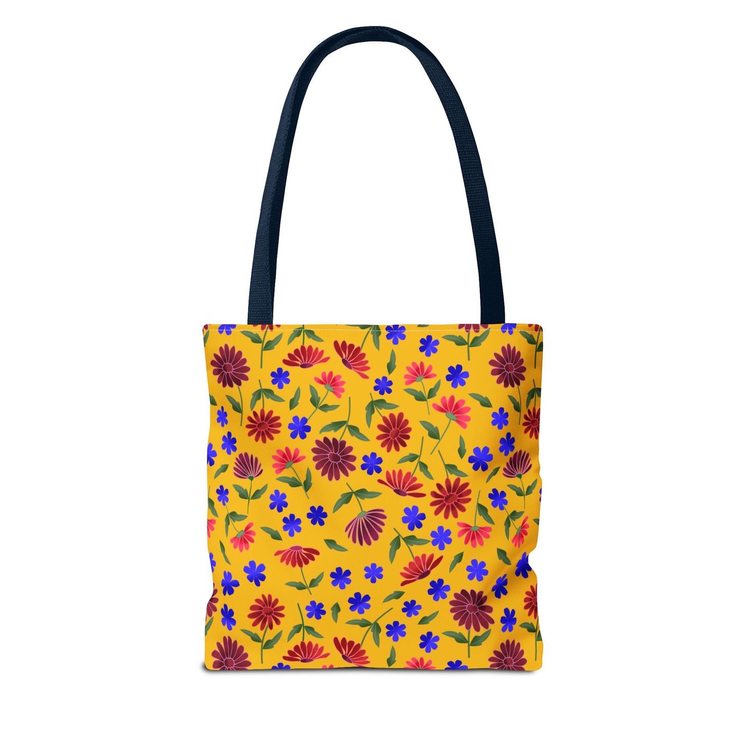 Golden Wildflower Tote Bag featuring a vibrant yellow background with blue and red floral print, dark navy straps, and reinforced stitching, perfect for adding a joyful touch to everyday errands.