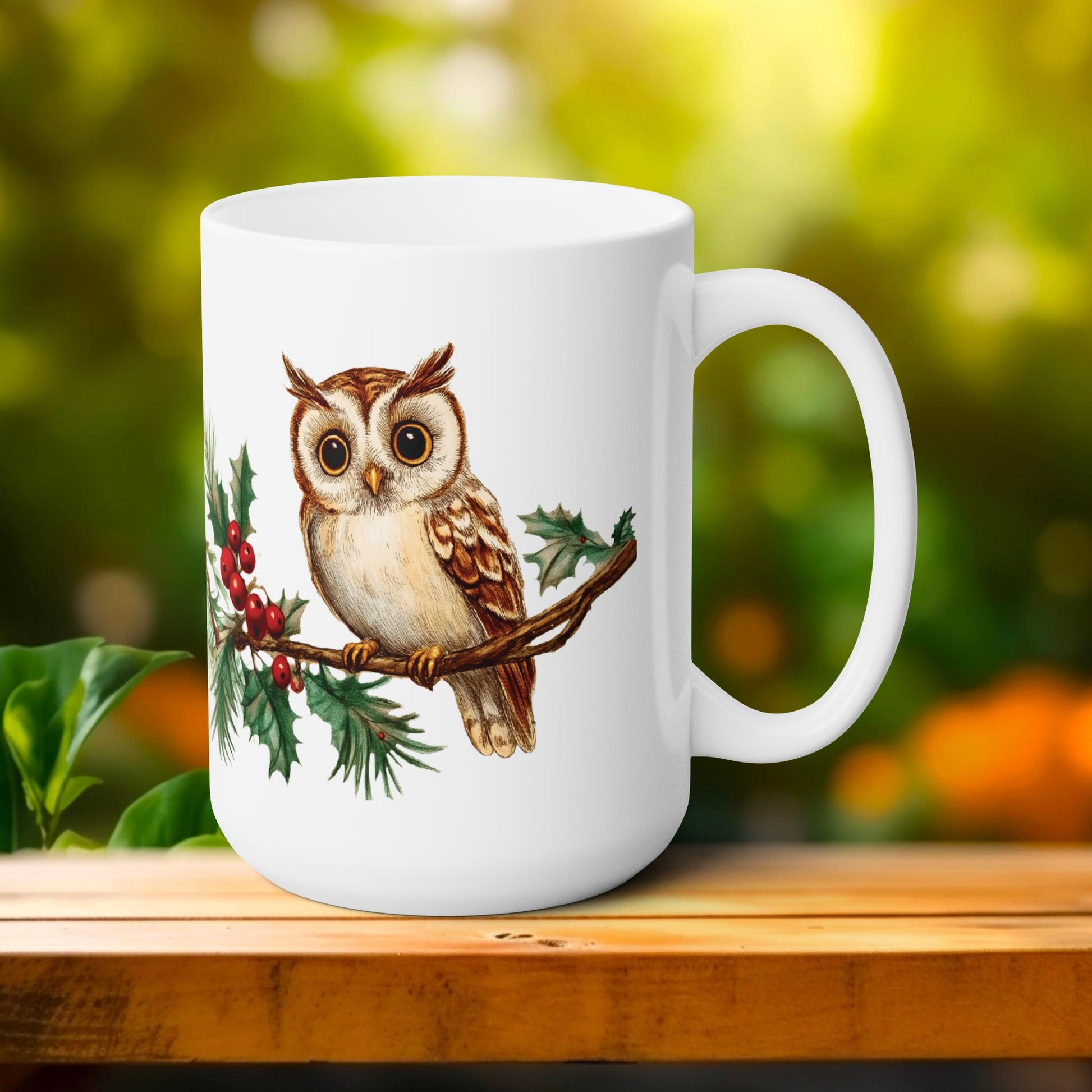 Owls on a Branch Ceramic Coffee Mug - Nature Inspired 15 oz Cup for Bird Lovers features detailed owl imagery, highlighting close-ups of an owl's eyes and wings, ideal for enjoying your favorite hot beverage.