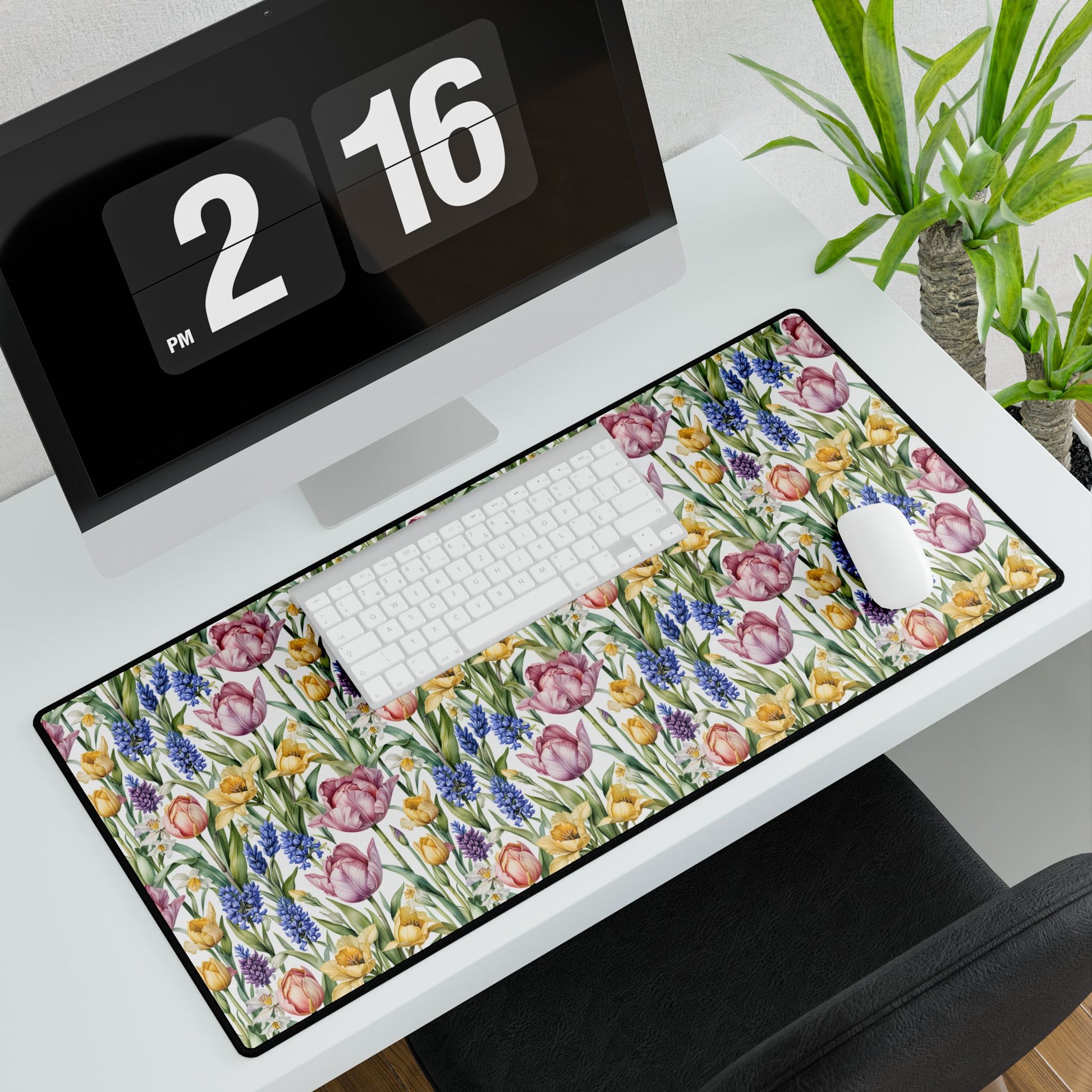 Desk Mat - Spring Garden Tulips Daffodils Hyacinths on a desk, featuring a serene garden scene with blooming flowers, paired with a computer, keyboard, and mouse, creating a calming workspace.