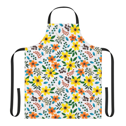 Floral Apron with vibrant yellow and orange flowers, green leaves, and berry sprigs on a white background, featuring black straps. Made of stain-free polyester canvas for comfort, ideal for joyful kitchen activities.