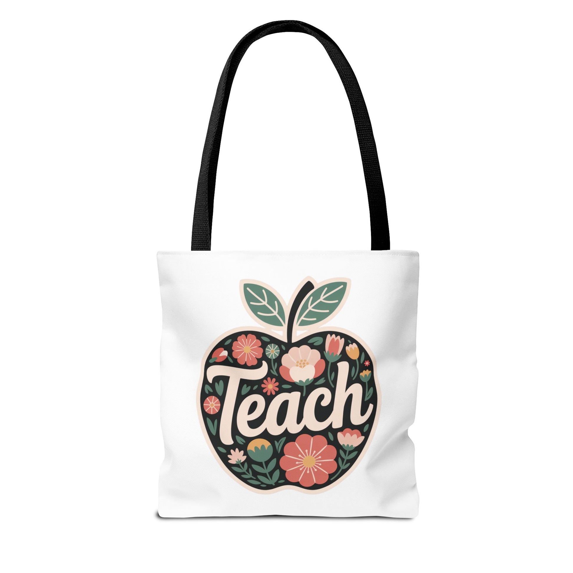 Floral Apple Tote Bag - Hand-Drawn Pastel-Colored Design with 'TEACH'. This cheerful, cozy tote bag features an apple shape adorned with pastel floral illustrations, perfect for teachers and nature lovers.