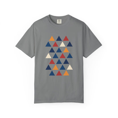 Geometric Triangle Grid T-Shirt: A modern unisex tee with an eye-catching geometric triangle pattern, perfect for minimalist style lovers seeking a unique, stylish wardrobe. Ideal for casual or special occasions.