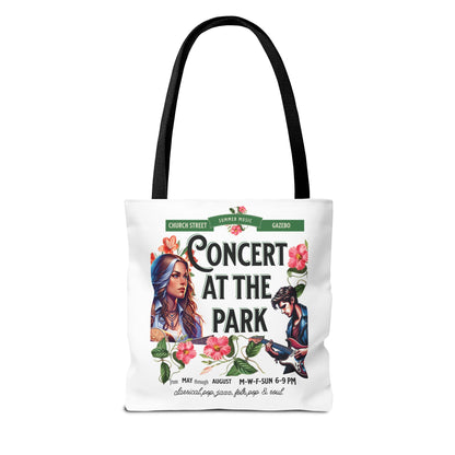 Concert At the Park Tote Bag featuring a lively guitar-playing scene, designed for music lovers. Durable with ample space, ideal for summer outings and everyday essentials.