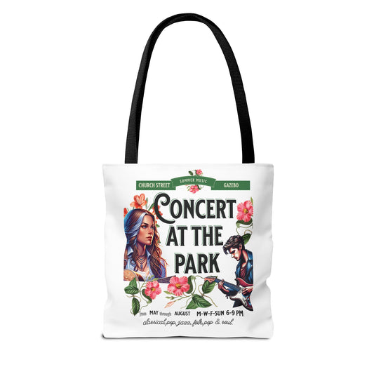 Concert At the Park Tote Bag featuring a lively guitar-playing scene, designed for music lovers. Durable with ample space, ideal for summer outings and everyday essentials.