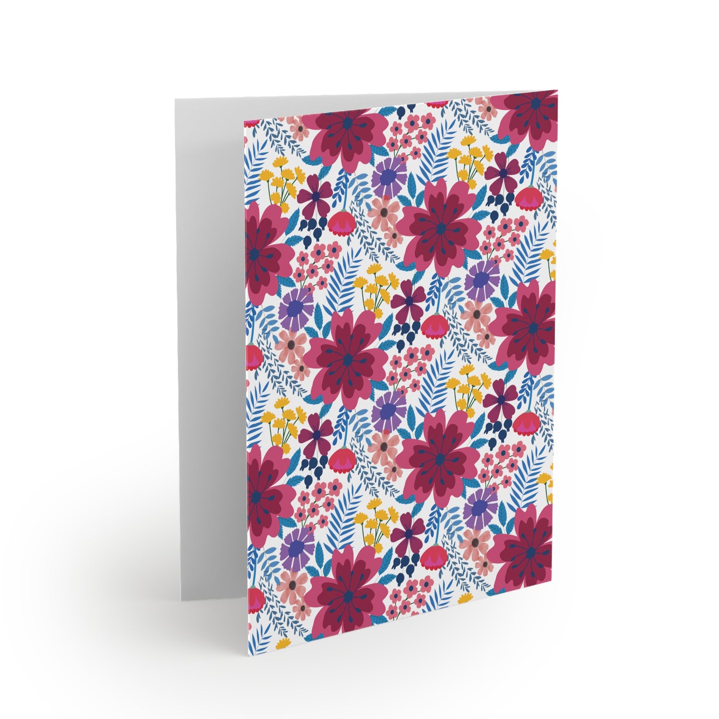 Floral Wildflower Greeting Cards — Pack of 8/16/24, featuring vibrant, hand-drawn magenta, purple, and yellow flowers on a matte white background. Open to show a blank interior, ready for personalization.