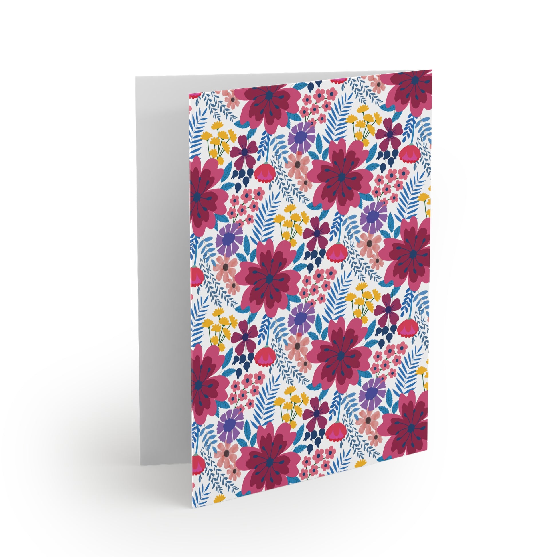 Floral Wildflower Greeting Cards — Pack of 8/16/24 feature bright, hand-drawn flowers on a matte finish, perfect for sending joyful messages. Includes matching white envelopes and customizable interior.