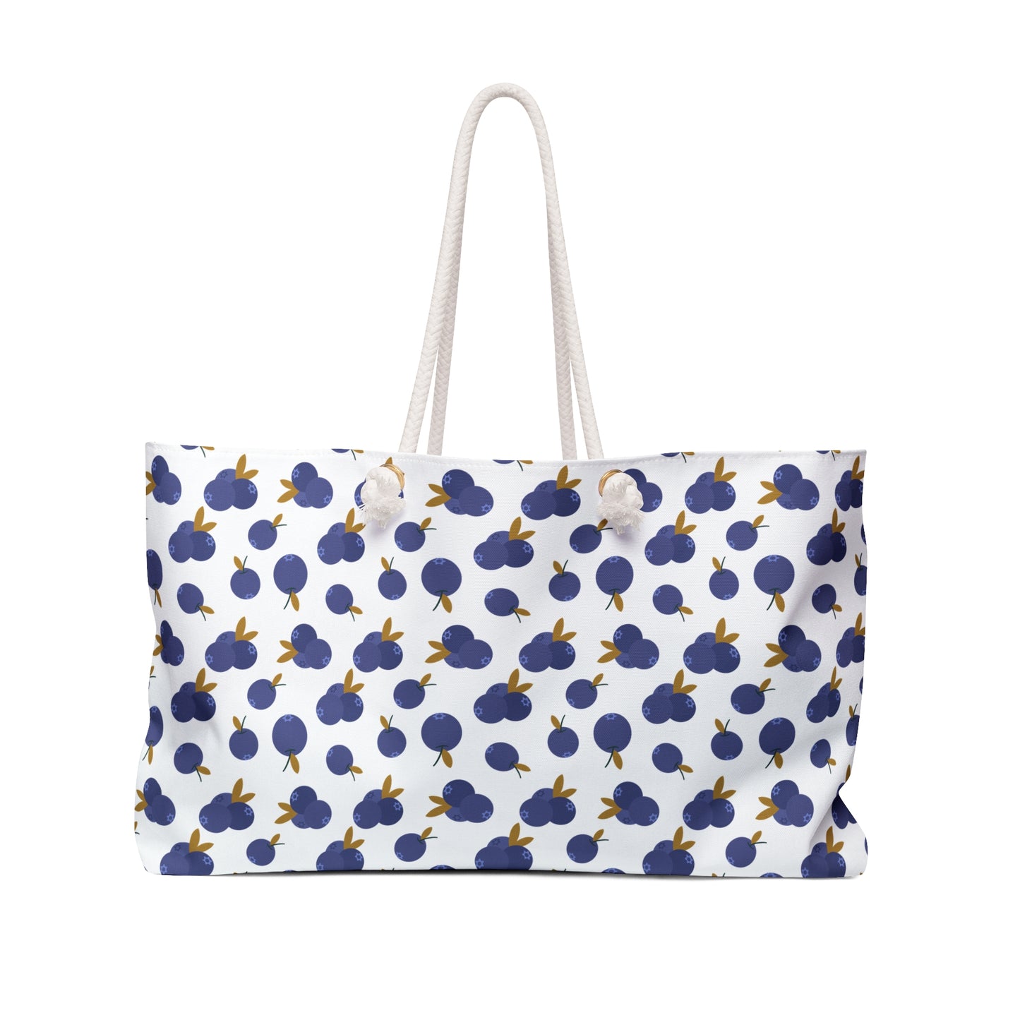 Weekender Bag - Blueberry Pattern Travel Tote: Close-up of a chic bag featuring a stylish blueberry design, durable polyester fabric, and elegant rope handles, perfect for travel and weekend getaways.