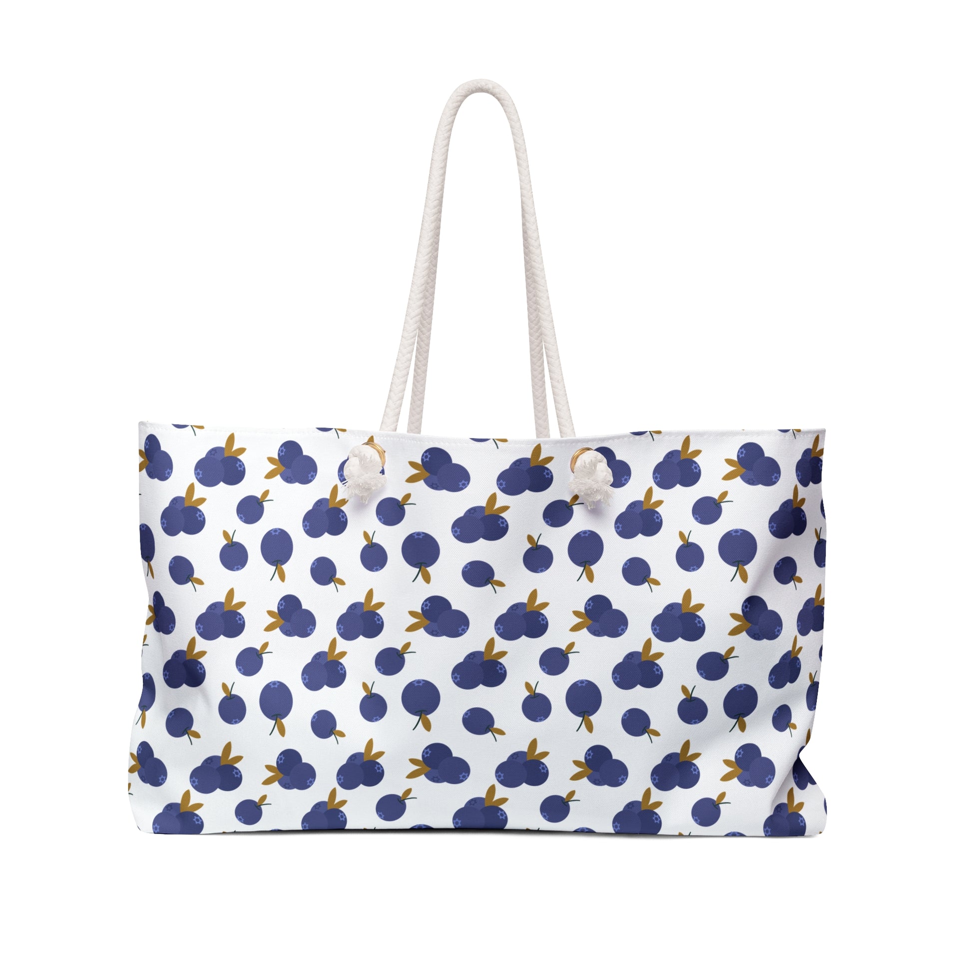 Weekender Bag - Blueberry Pattern Travel Tote: Close-up of a chic bag featuring a stylish blueberry design, durable polyester fabric, and elegant rope handles, perfect for travel and weekend getaways.