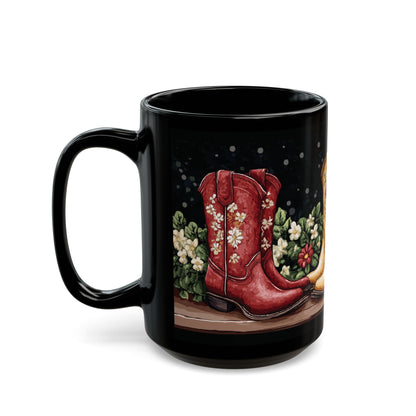 Cowboy Boots Mug (11oz, 15oz) features a vibrant floral cowboy boots design on a sleek black ceramic mug, emphasizing FireBrook Essentials' commitment to stylish and uplifting everyday items.