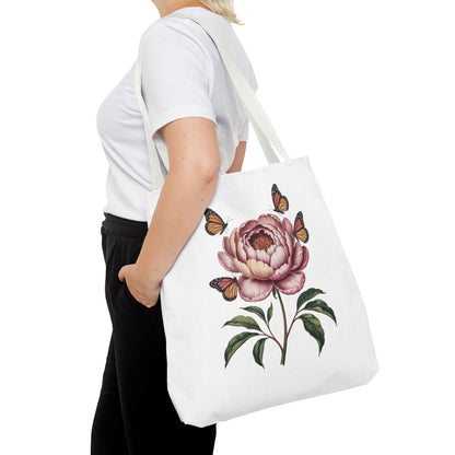 Botanical with Vintage-Inspired Illustration Tote Bag: A durable polyester tote adorned with vibrant flowers, leaves, and butterflies, perfect for nature enthusiasts and casual outings, embodying FireBrook Essentials' uplifting design ethos.