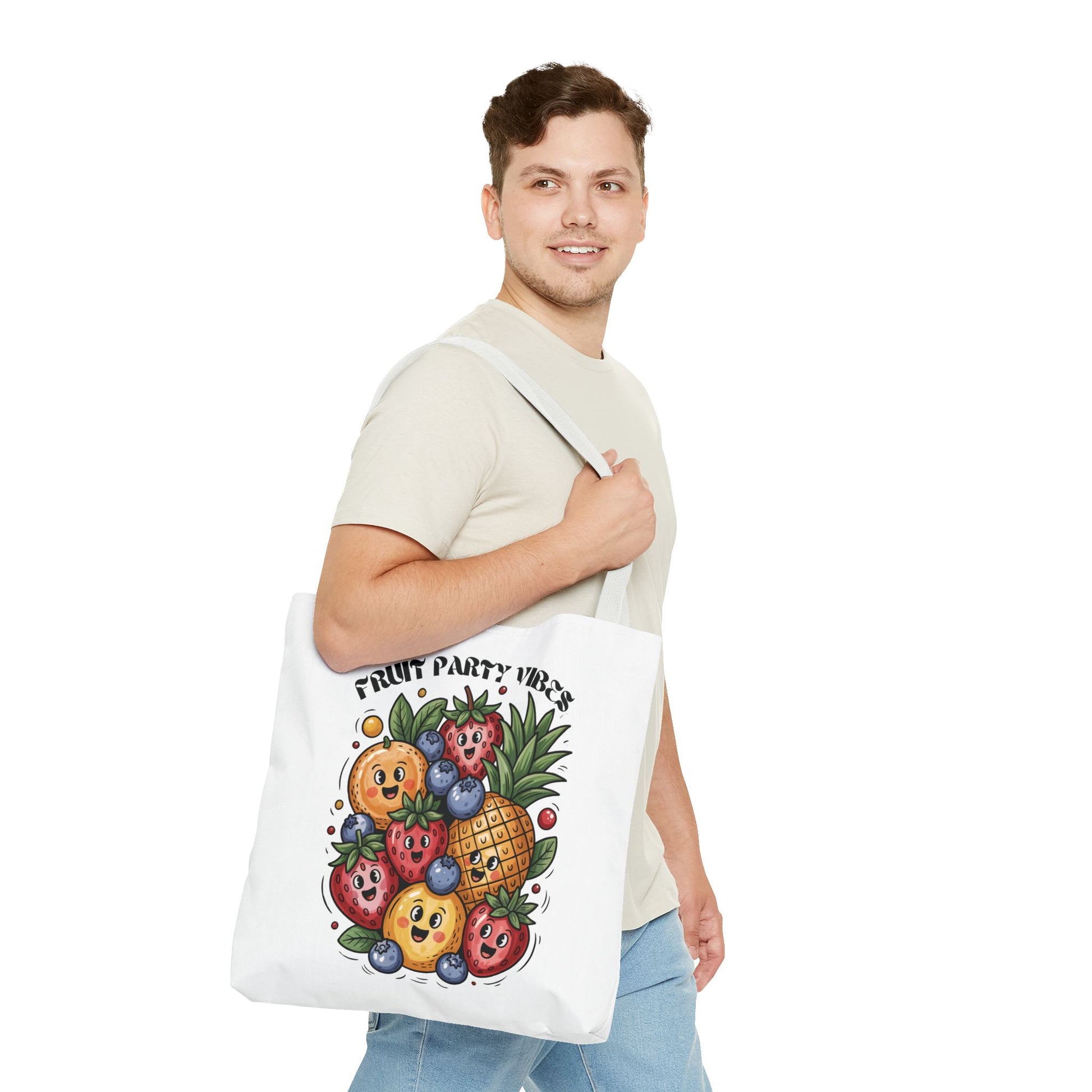 Fruit Party Tote Bag - Fun Summer Vibes, showcasing a playful, colorful design ideal for vibrant summer outings. Features durable polyester, reinforced handles, boxed corners, and customizable handle colors for stylish versatility.