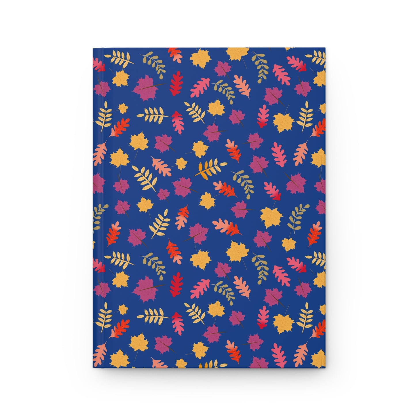 HARDCOVER JOURNAL, MATTE, RULED, 5X7, SEWN BIND, CLEAN-TEAR PAGES – FALL FOLIAGE features a vibrant autumn-leaf design on a deep blue cover, embodying FireBrook Designs' uplifting and stylish essence.