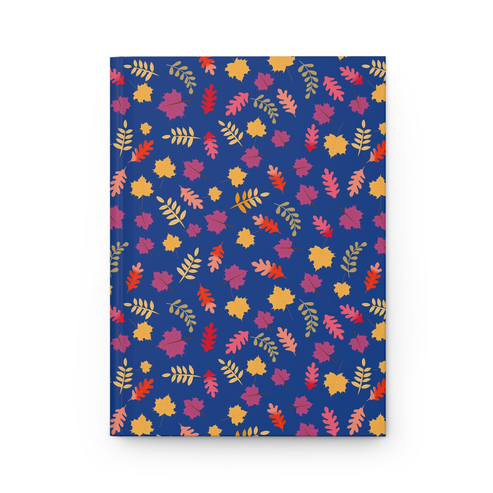 HARDCOVER JOURNAL, MATTE, RULED, 5X7, SEWN BIND, CLEAN-TEAR PAGES – FALL FOLIAGE features a vibrant autumn-leaf design on a deep blue cover, embodying FireBrook Designs' uplifting and stylish essence.