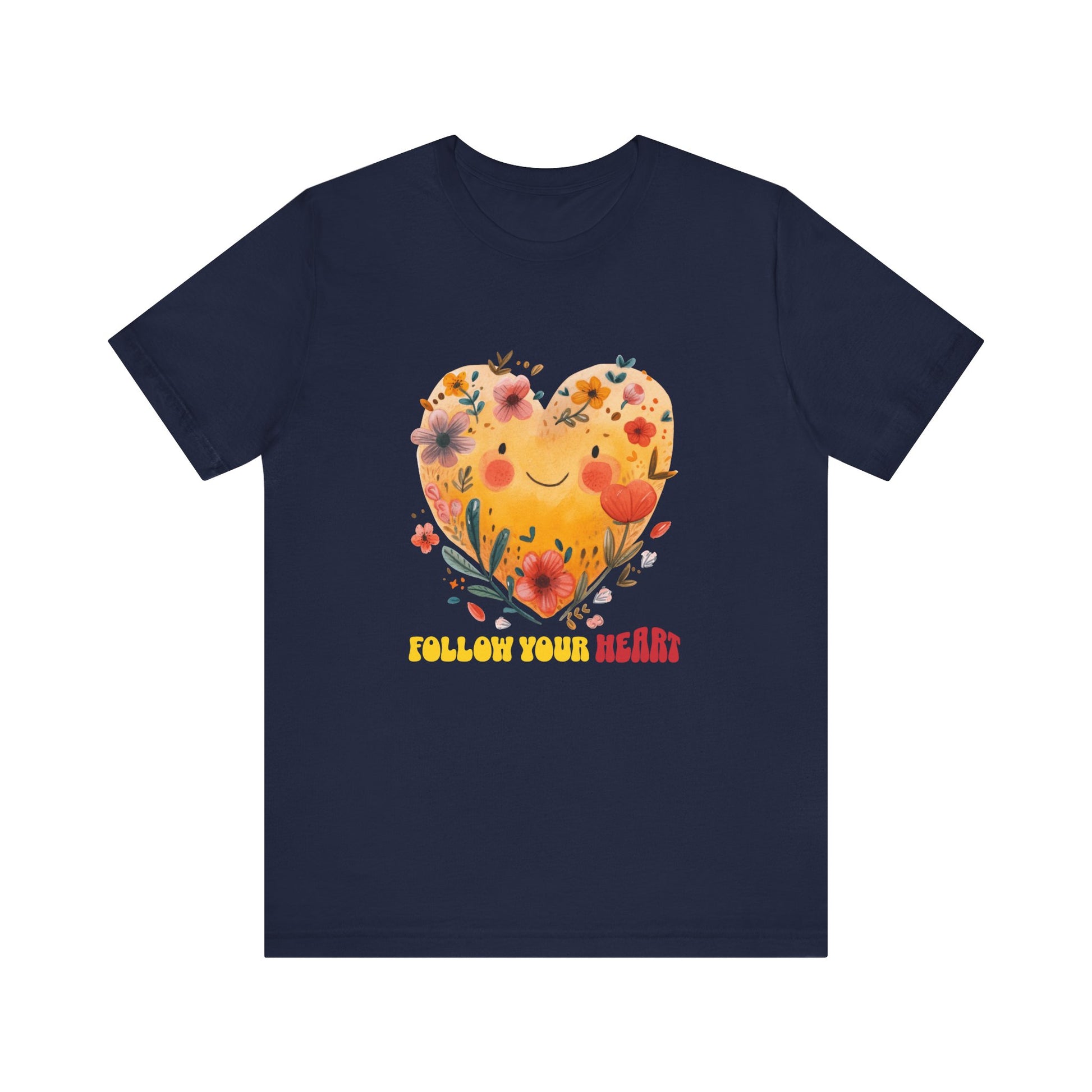 Follow Your Heart Unisex Bella-Canvas T-Shirt featuring a heart surrounded by flowers, showcasing detailed sleeve and neck prints. Perfect for casual and semi-formal wear, offering breathable comfort.