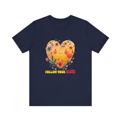Follow Your Heart Unisex Bella-Canvas T-Shirt featuring a heart surrounded by flowers, showcasing detailed sleeve and neck prints. Perfect for casual and semi-formal wear, offering breathable comfort.