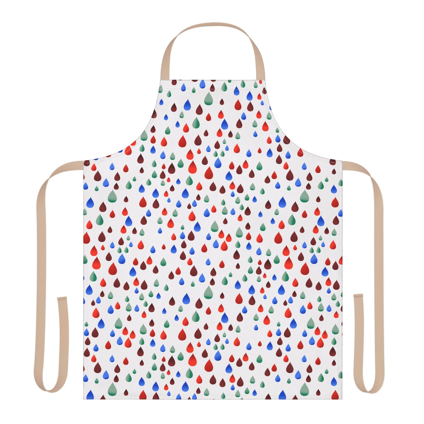 Happy Raindrops Apron featuring vibrant, scattered raindrop patterns on a white background, designed with tan ties. This stain-free, comfortable kitchen apron aligns with FireBrook Essentials' joyful and uplifting design ethos.