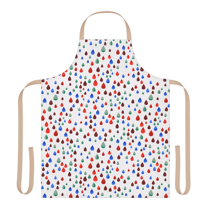 Happy Raindrops Apron featuring vibrant, scattered raindrop patterns on a white background, designed with tan ties. This stain-free, comfortable kitchen apron aligns with FireBrook Essentials' joyful and uplifting design ethos.