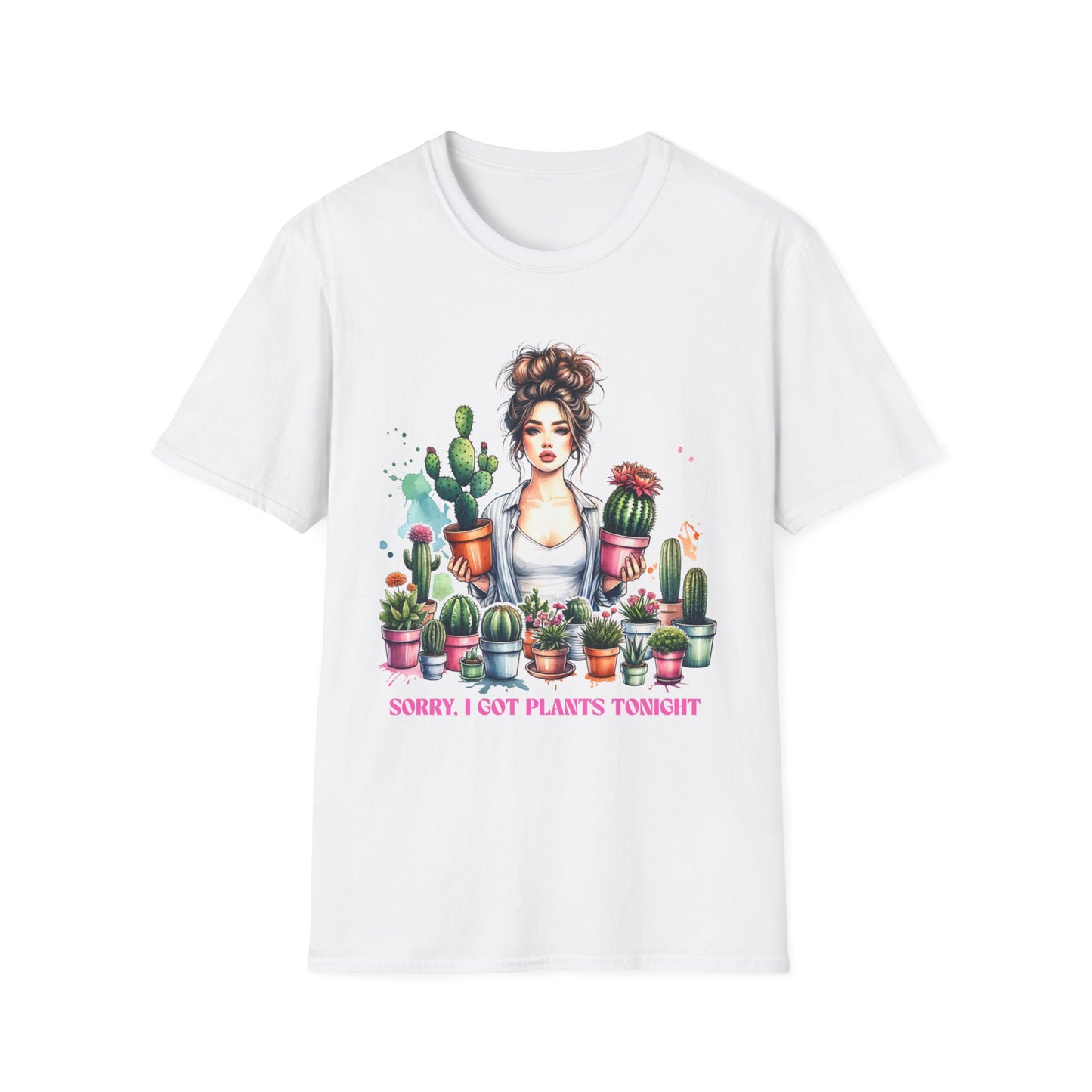 Plant Lover - Sorry I Got Plants Tonight Gildan Unisex T-Shirt featuring a whimsical illustration of a woman with cacti, embodying a cozy, laid-back vibe perfect for plant enthusiasts.