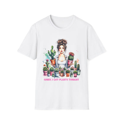 Plant Lover - Sorry I Got Plants Tonight Gildan Unisex T-Shirt featuring a whimsical illustration of a woman with cacti, embodying a cozy, laid-back vibe perfect for plant enthusiasts.