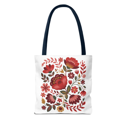 Red Floral Folk-Art Style Tote Bag featuring a vibrant, organic floral illustration with red, blush, and blue flowers, complemented by green leaves. Ideal for carrying essentials, embodying FireBrook Essentials' joyful and uplifting design philosophy.