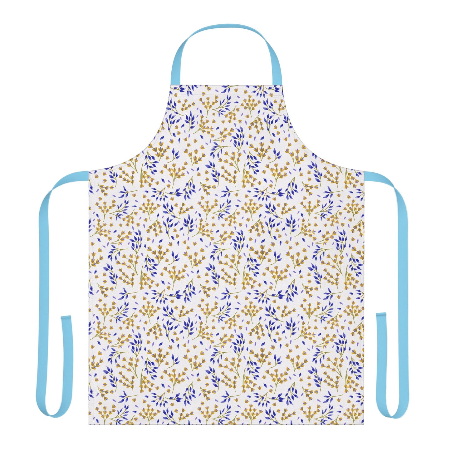 Floral Apron featuring a gold and cobalt blue botanical pattern on white, with light blue straps. Made from soft polyester canvas, it's ideal for baking or hosting, reflecting FireBrook Designs' joyful style.