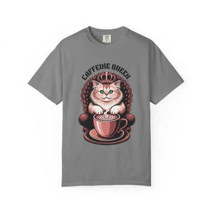 Cat Caffeine Queen T-shirt featuring a cartoon cat with a crown and coffee cup, embodying playful vibes. Ideal for cat and coffee lovers seeking comfortable, stylish apparel from FireBrook Essentials.