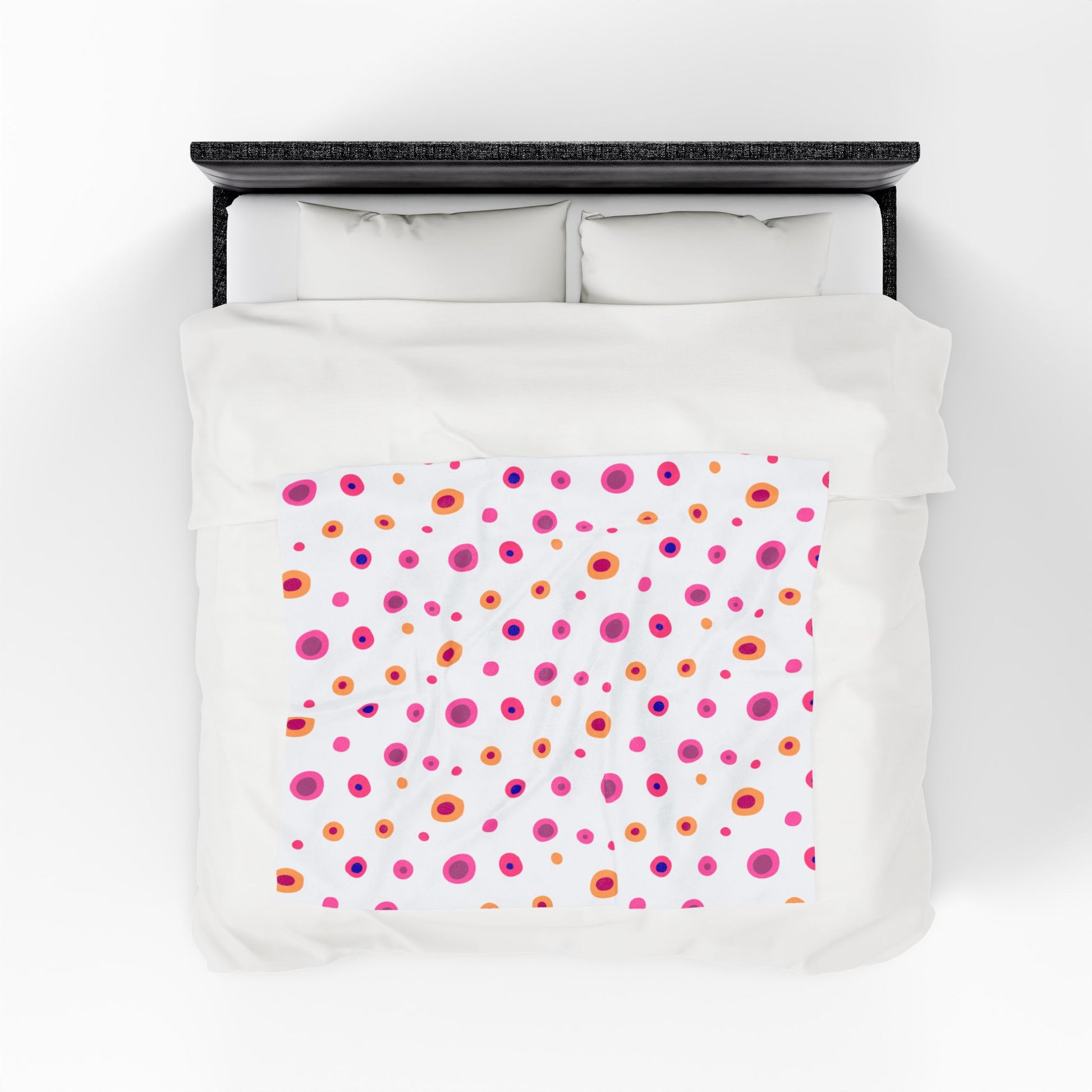 Circles Pink and Yellow (Large) Velveteen Plush Blanket, showcasing a vibrant print with a soft, plush texture, perfect for cozy and stylish home decor from FireBrook Essentials.