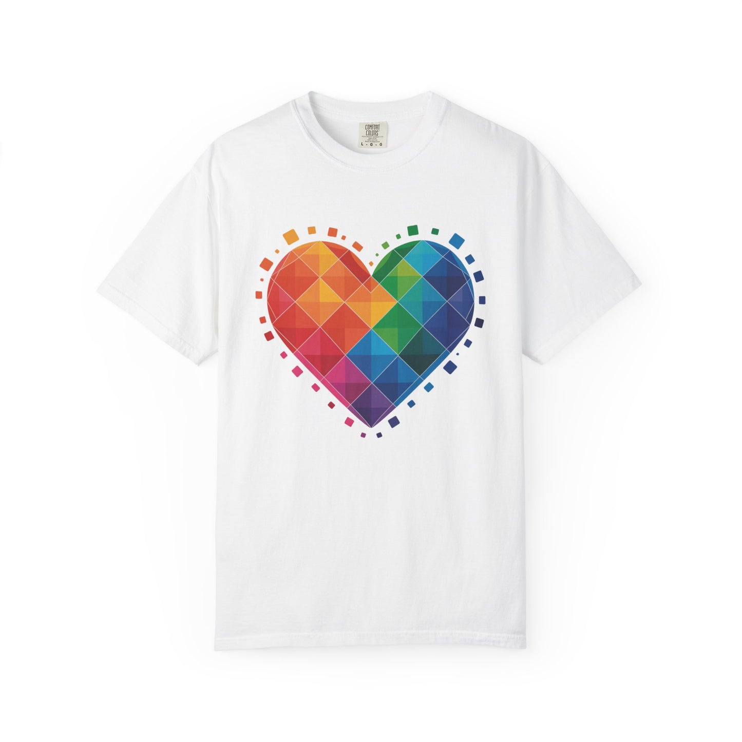 Rainbow Geometric Heart T-Shirt features a vibrant heart-shaped design with overlapping translucent squares, perfect for casual or special occasions, embodying FireBrook Essentials' commitment to stylish, uplifting apparel.