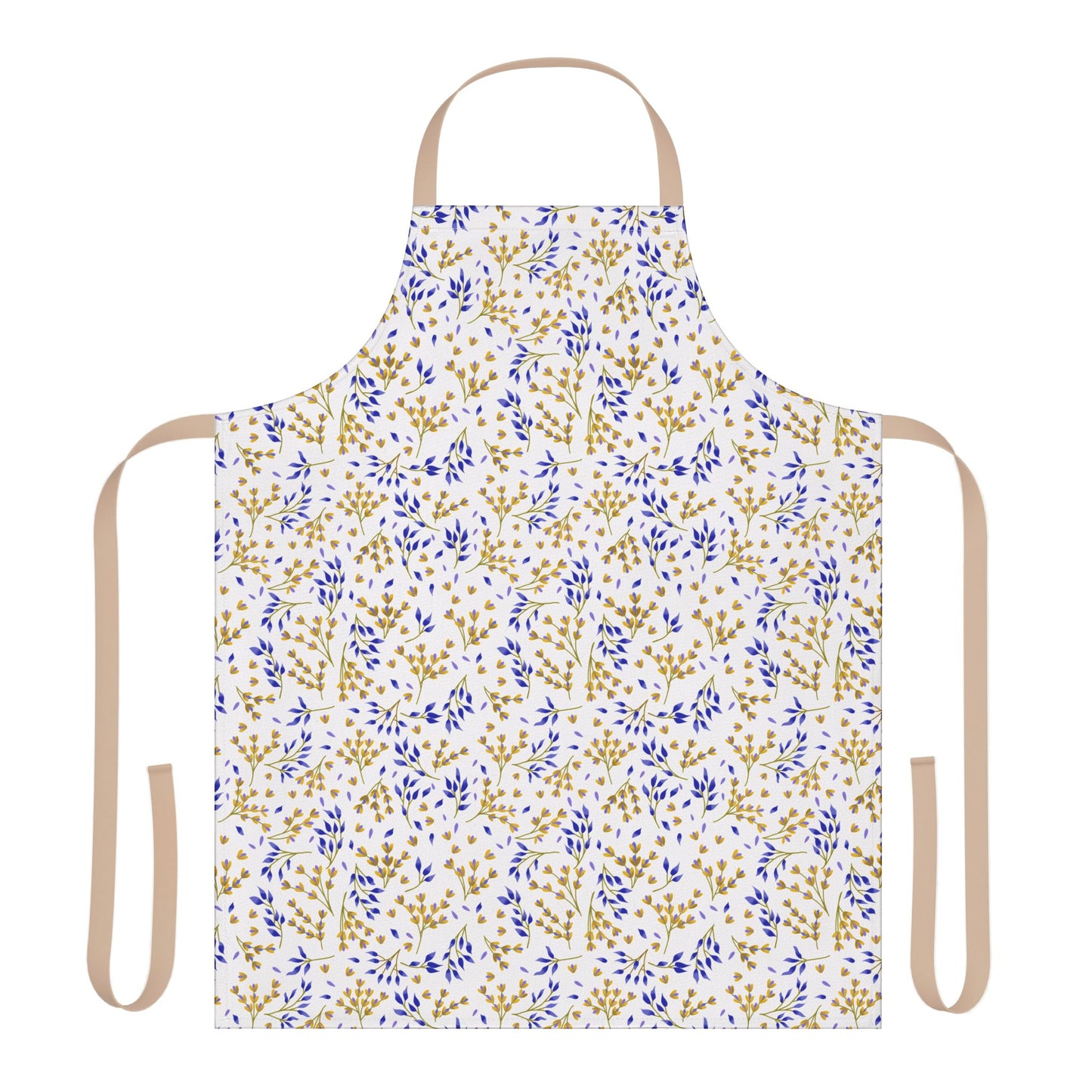 Floral Apron by FireBrook Designs, featuring a gold and blue leaf pattern on a white polyester canvas, complete with tan ties for a comfortable fit, ideal for joyful cooking and crafting.
