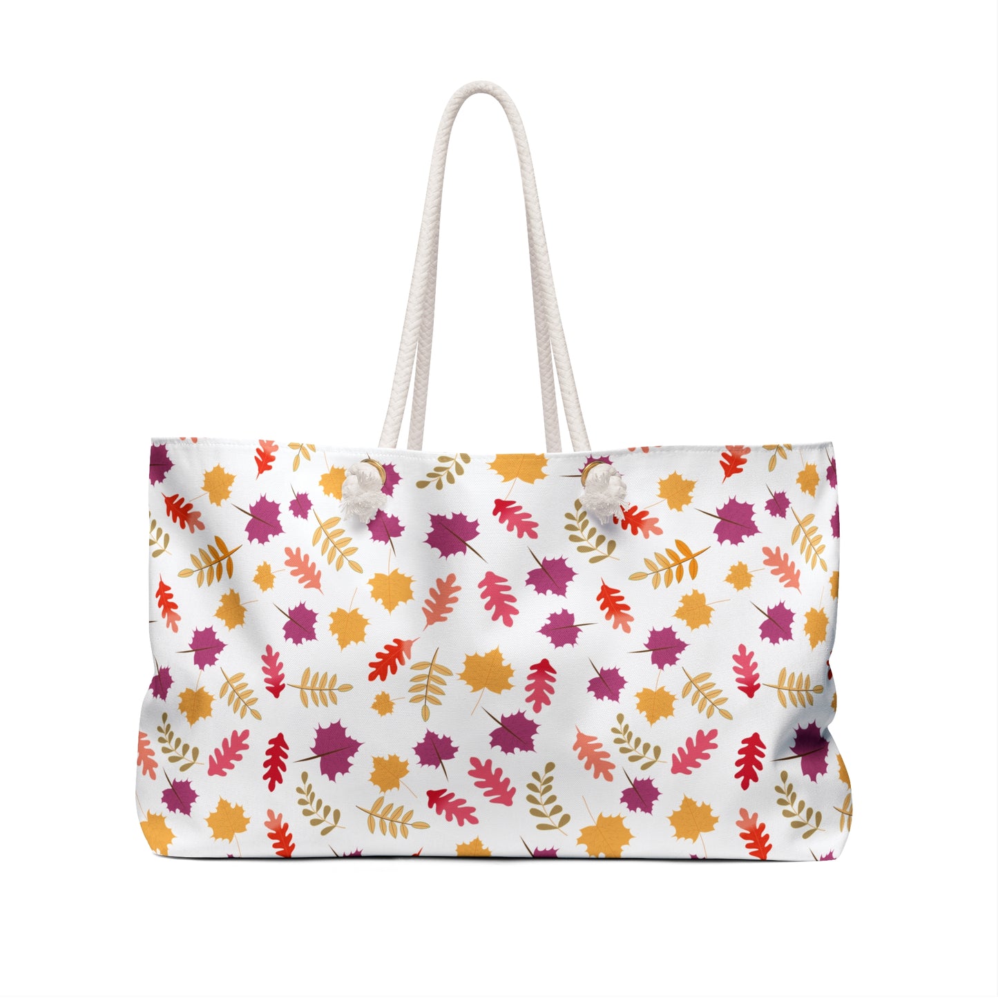 Weekender Bag with rope handles features a vibrant autumn-leaf pattern on white, ideal for stylish travel. Designed by FireBrook Essentials, it combines functionality and joy in a spacious, chic tote.