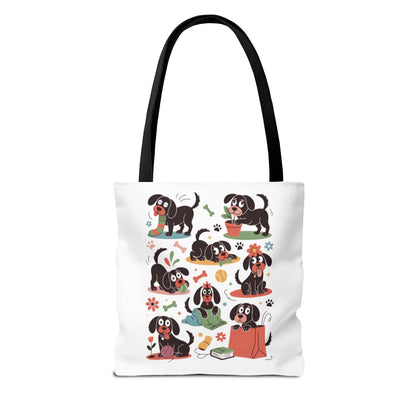 Dog Tote Bag - Playful Cartoon Illustration Design featuring whimsical dog drawings with everyday objects, perfect for dog lovers seeking a fun, reusable shopping bag or unique gift.