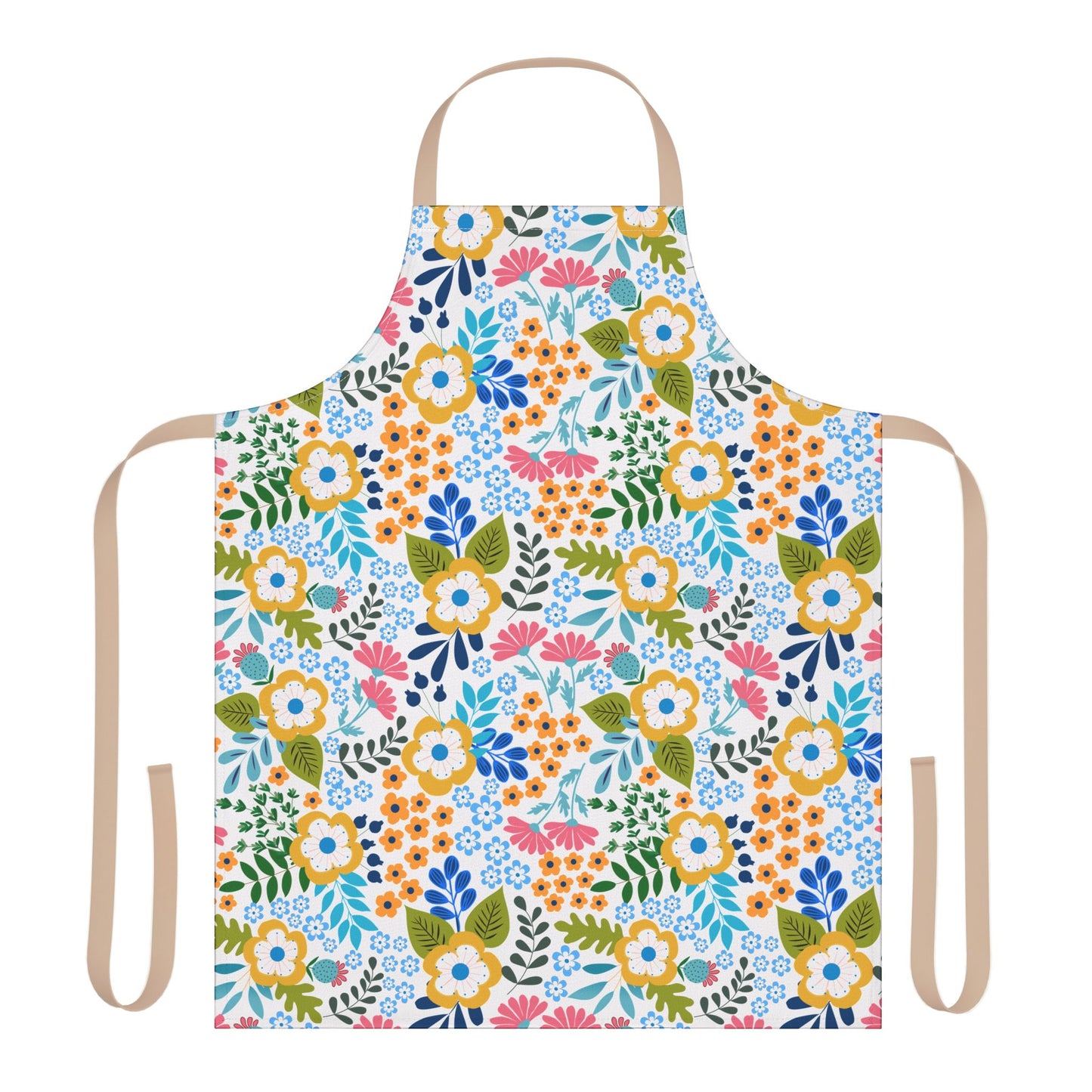 Floral Apron featuring a vibrant, colorful floral pattern with beige straps, made of soft, stain-free polyester canvas. Ideal for cooking or crafting, aligning with FireBrook Designs' stylish and joyful offerings.