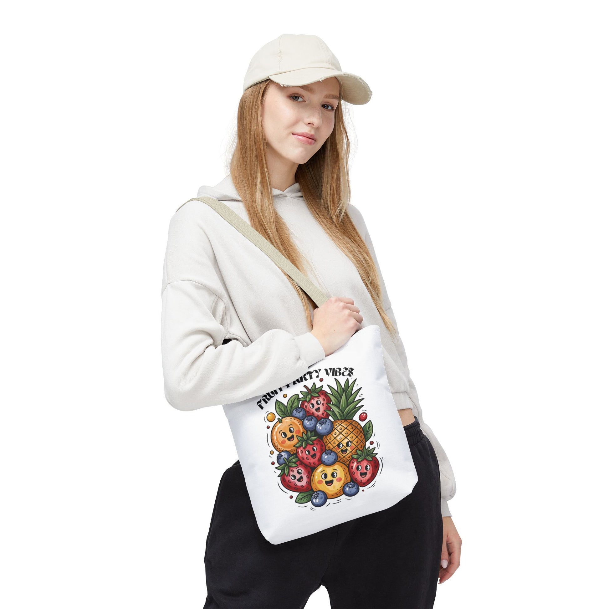 Fruit Party Tote Bag - Fun Summer Vibes: A vibrant tote bag featuring a playful fruit-themed design, perfect for summer outings. Made from durable polyester, it includes reinforced handles and spacious boxed corners.