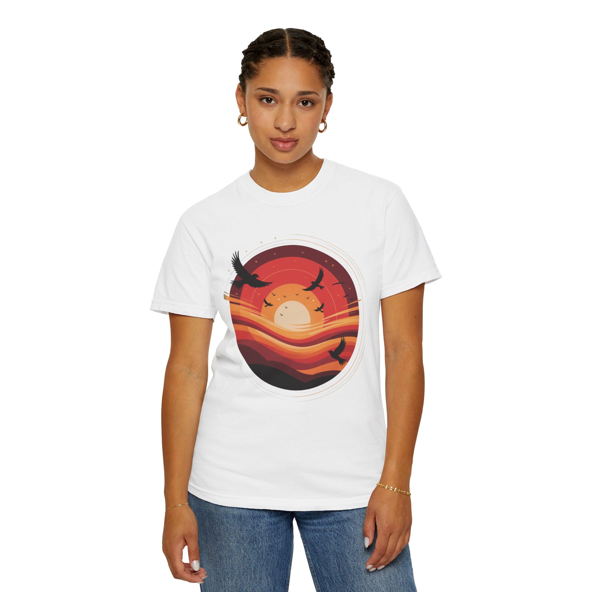 Sunset Energy Abstract T-Shirt showcases a vibrant sunset-themed design with concentric rings and silhouetted birds, perfect for adding dynamic motion and warmth to casual summer outfits.